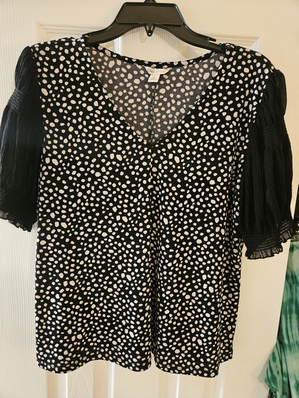 Cato Black and White Polka Dot V-Neck Top with Smocked Sleeves